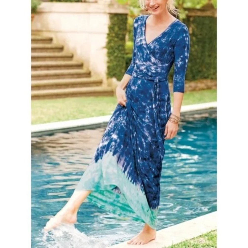 Soft Surroundings Laurel Canyon Blue Turquoise Tie Dye Faux Wrap Maxi Dress M